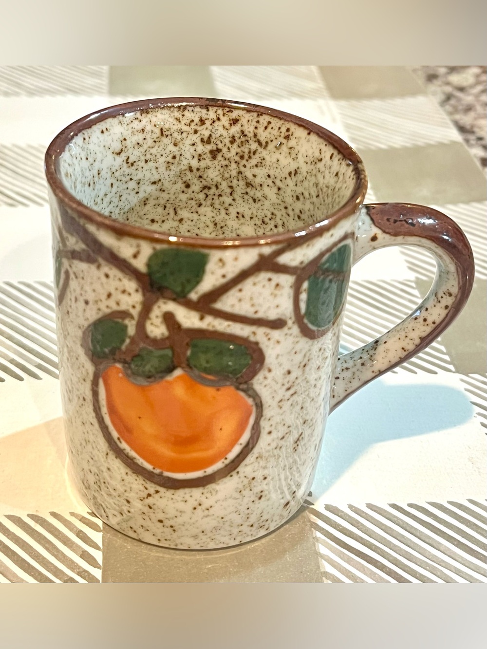 Vintage MCM Stoneware Mug Persimmon Fruit Speckled Otagiri (?) Coffee Cup Japan